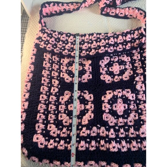 Handmade Pink & Navy Hand Crocheted Fabric Lined Handbag - Picture 5 of 14